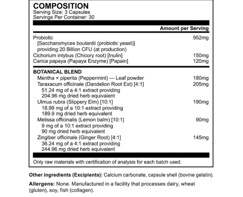 Prebiotic, Probiotic, Papaya enzyme, Botanical Blend - 90 Capsules