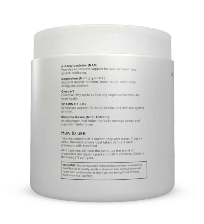 NAC, Magnesium, Omega 3, Vit D3 + K2, Rhodiola Rosea - 30 Daily Packs